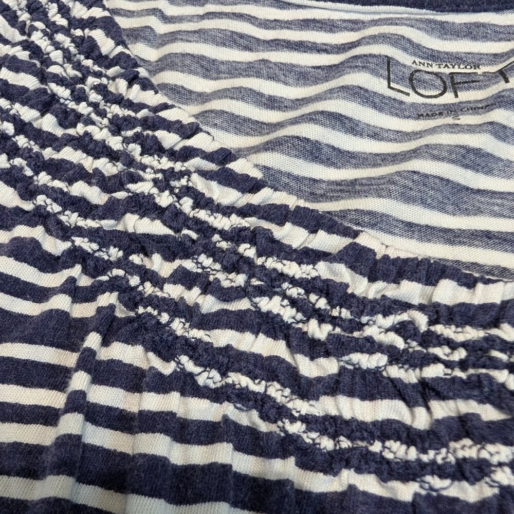 Ann Taylor Loft blue & white stripped sleeveless shirt with smocked neckline, - Picture 6 of 11